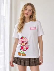 女款夏季 T-shirt，可愛草莓女孩與貓咪印花寬鬆休閒 T-shirt，適合日常甜美女孩風，白色 - 白色 - 查看 6