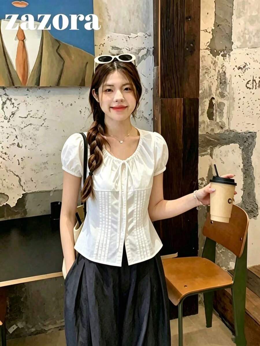 韓式新款甜美修身領結設計百搭顯瘦花瓣袖輕盈短袖女款夏季上衣 白色 - 白色 - 查看 1