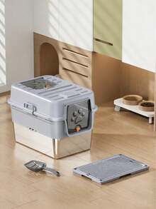 Fully Enclosed Stainless Steel Cat Litter Box, Extra Large, Anti-Splash, Odor-Control Cat Toilet With Raised Fence And Flip Lid, Cat Litter Mat Set, Deodorizing And Anti-Splash - Upgraded Version + Cat Litter Mat - View 1