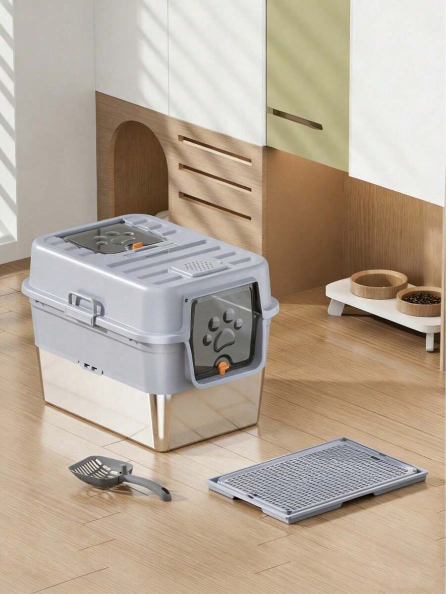 Fully Enclosed Stainless Steel Cat Litter Box, Extra Large, Anti-Splash, Odor-Control Cat Toilet With Raised Fence And Flip Lid, Cat Litter Mat Set, Deodorizing And Anti-Splash - Upgraded Version + Cat Litter Mat - View 1