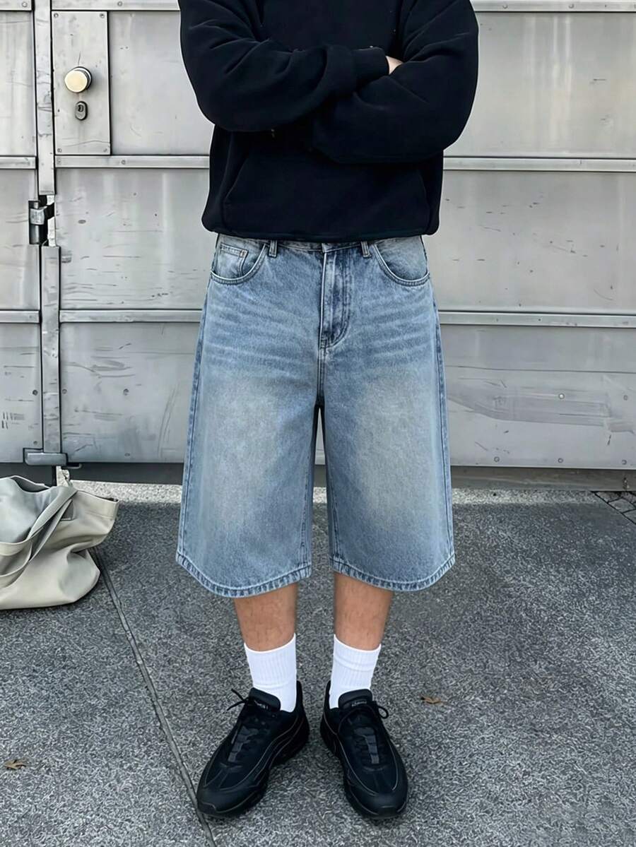 男士寬鬆淺藍水洗牛仔短褲 膝蓋長度 直筒版型 復古休閒 Y2K 街頭風 牛仔短褲 - 中等水洗藍 - 查看 1