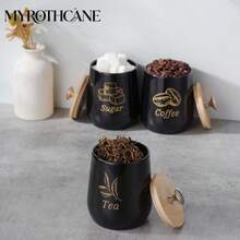Myrothcane 3Pcs Black Ceramic Coffee Sugar Tea Canister Set, Airtight Bamboo Lid Storage Jars With Gold Letter Print, Kitchen Countertop Food Containers For Coffee Beans Tea Leaves Sugar Cubes, Modern Farmhouse Kitchen Decor Organizer - Black - View 9