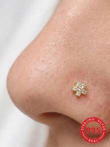 1pc 925 Sterling Silver Cubic Zirconia Flower Shaped Nose Ring/Stud Jewelry - Gold - View 1