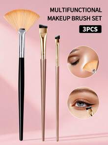 3pcs Makeup Brush Set Including Fan-Shaped Highlighter Brush, Eyebrow Brush, Eyeliner Brush, Soft Bristles, Portable Professional Facial Makeup Brushes, Full Makeup Brush Set, Beauty Tool Set - Multicolor - View 9