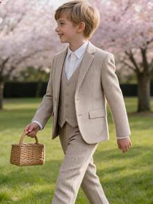 Tween Boys 3 PiecesHerringbone Suit Blazer Waistcoat Dress Pants For Wedding Birthday School Stage Formal Occasions Champagne Size 6-16Y - Champagne - View 6