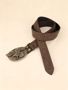 1pc Valentine's Day, Carnival, Father's Day, Teacher's Day, Christmas, Birthday Gift, New Western Style Eagle Buckle, Scroll Pattern Brown PU Belt - Multicolor - View 4