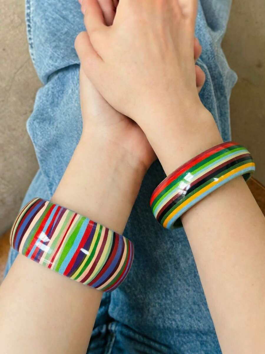 2 piezas de brazaletes anchos de acrílico a rayas estilo macaron, estilo INS, dulces, coloridos, brillantes, de resina, apilables