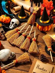 1/10/15pc Mini Witch Broom Decorations Tiny Straw Wizard Broom Props For Halloween Cupcake Topper&Doll Accessory Broom Ornaments For Halloween Table Layout&Party DIY Crafts,Halloween,Halloween Decor,Home Decor,Room Decor,Fall Home Decor,Kitchen Decor - Multicolor - View 2
