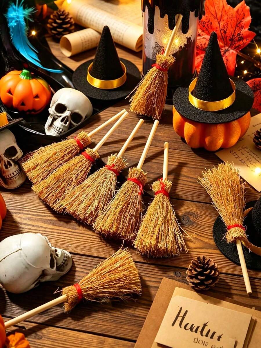 1/10/15pc Mini Witch Broom Decorations Tiny Straw Wizard Broom Props For Halloween Cupcake Topper&Doll Accessory Broom Ornaments For Halloween Table Layout&Party DIY Crafts,Halloween,Halloween Decor,Home Decor,Room Decor,Fall Home Decor,Kitchen Decor
