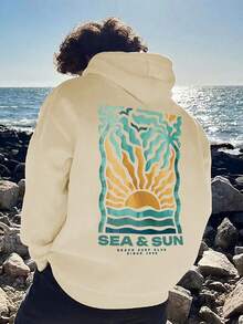Men's Hoodie Autumn/Winter Wave Sunrise Palm Tree Colorblock Geometric Illustration Print Thermal Lined Hooded Sweatshirt - Apricot - View 2