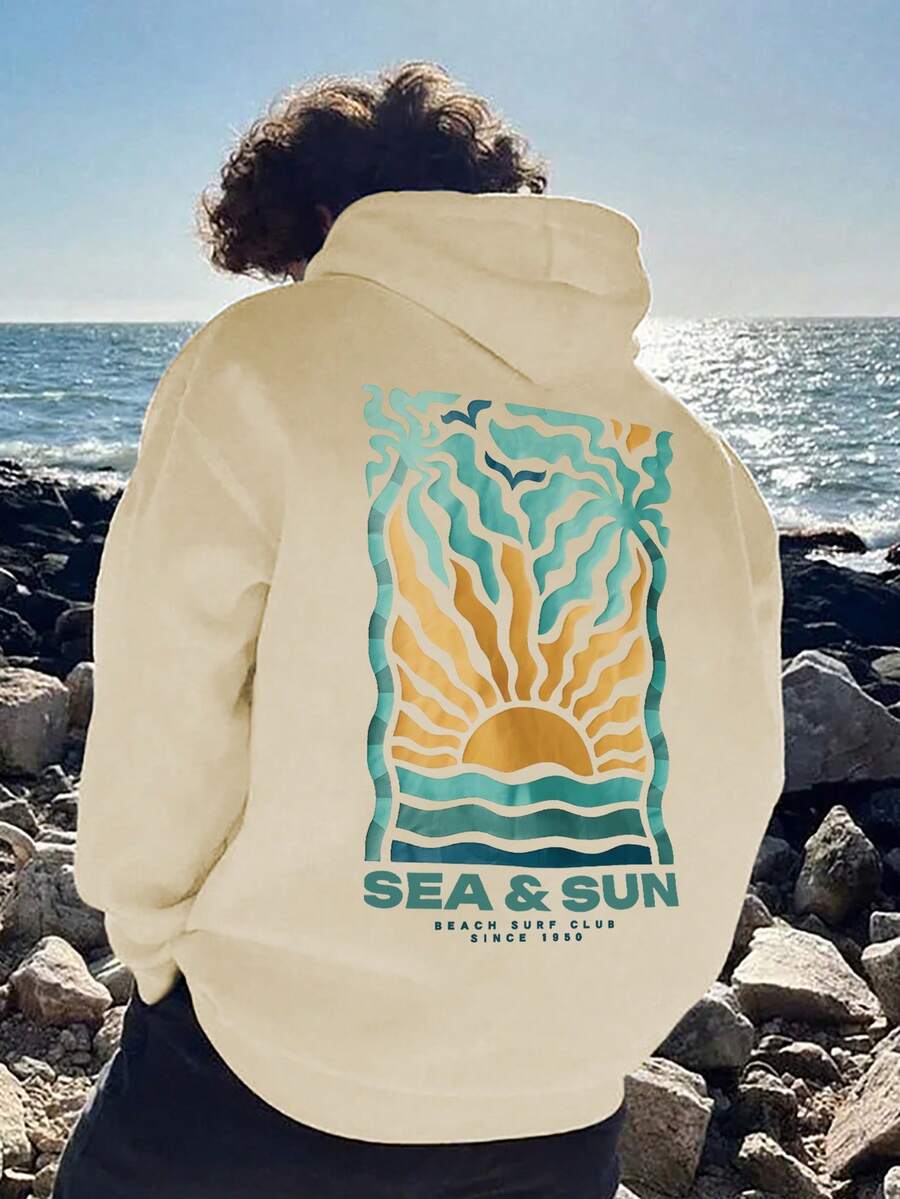 Men's Hoodie Autumn/Winter Wave Sunrise Palm Tree Colorblock Geometric Illustration Print Thermal Lined Hooded Sweatshirt