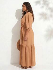 FASHION MIX PREMIUM Elegant Long Dress With Slit And Ruffle On The Hem 3/4 Puff Sleeves With V-Neckline And Tie At The Waist Women's Plus Size - 卡布奇諾 - 查看 4
