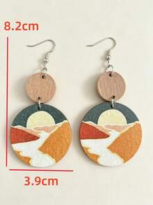 1 Pair Double Layer Bohemian Style Natural Landscape Print Round Mountain Sunset Wooden Dangle Earrings - Multicolor - View 2