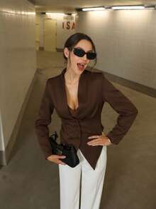 Women's Autumn Deep V-Neck Stand Collar Slim Fit Blazer, Single-Breasted Asymmetrical Hem Long Sleeve Commuter Jacket Brown - Brown - View 2