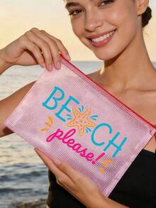 PVC防水海灘防曬化妝包，彩色網格化妝袋，印有「BEACH PLEASE」字樣與海星圖案，海灘主題收納包，大容量透明旅行盥洗包，適合度假、浴室、宿舍、夏季海灘、游泳與旅行。獨特生日禮物、旅行紀念品、教師節禮物、開學必備 - 彩色 - 查看 7