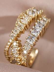 1pc/3pcs/5pcs Luxury Geometric Cubic Zirconia Gold Adjustable Rings Sets,Unique Versatile For Daily Wear,Engagement/Wedding Banquets,Anniversary Gift - Yellow Gold - View 14