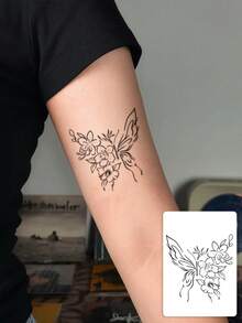1 Sheet Minimalist Thin Line Floral Half Butterfly Tattoo Sticker, Waterproof Simple Outline Spliced Wing Fake Tattoo, Soft Ins Aesthetic Body Art Decal For Girls Upper Arm Forearm - Black - View 1