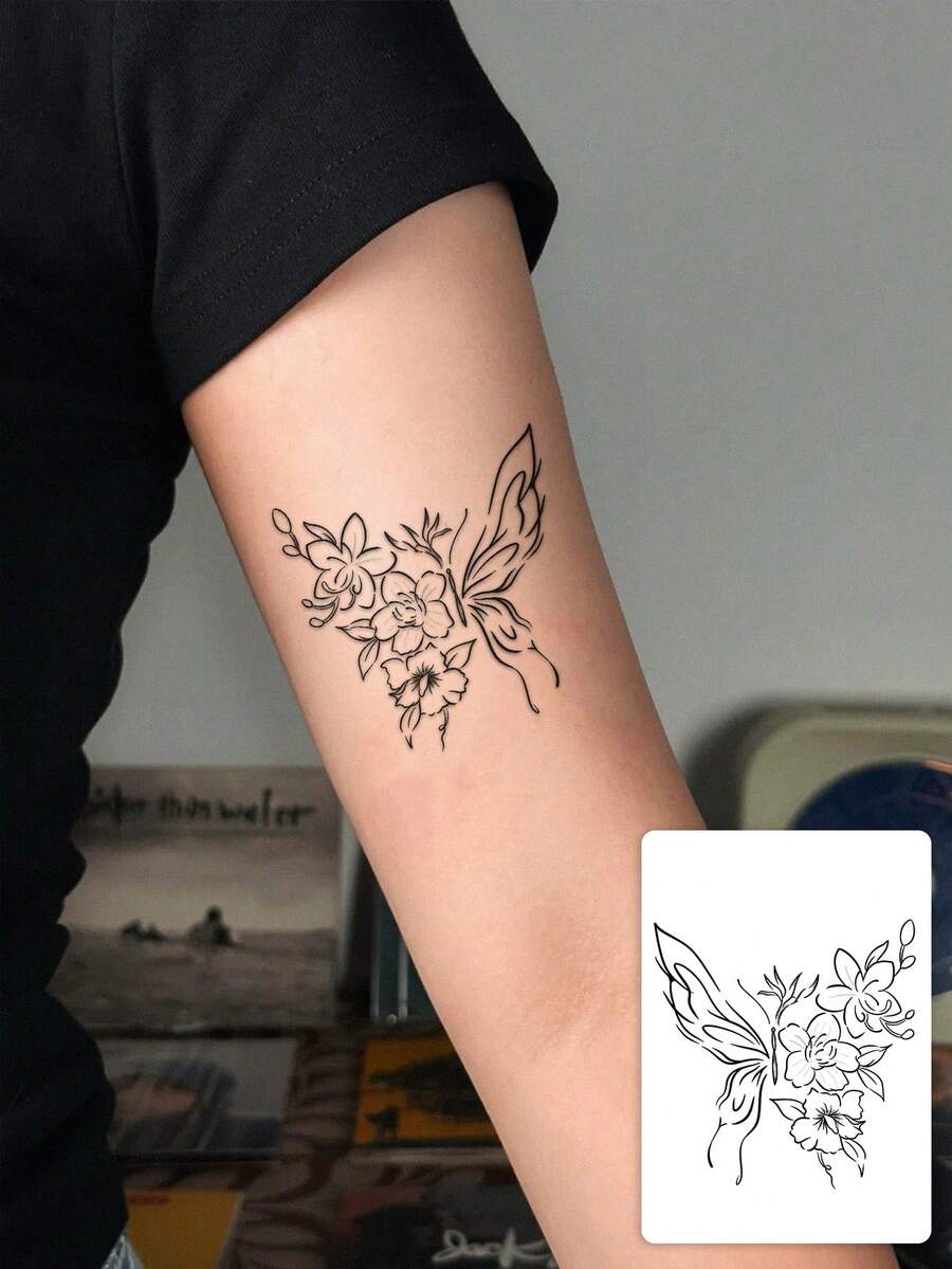 1 Sheet Minimalist Thin Line Floral Half Butterfly Tattoo Sticker, Waterproof Simple Outline Spliced Wing Fake Tattoo, Soft Ins Aesthetic Body Art Decal For Girls Upper Arm Forearm - Black - View 1