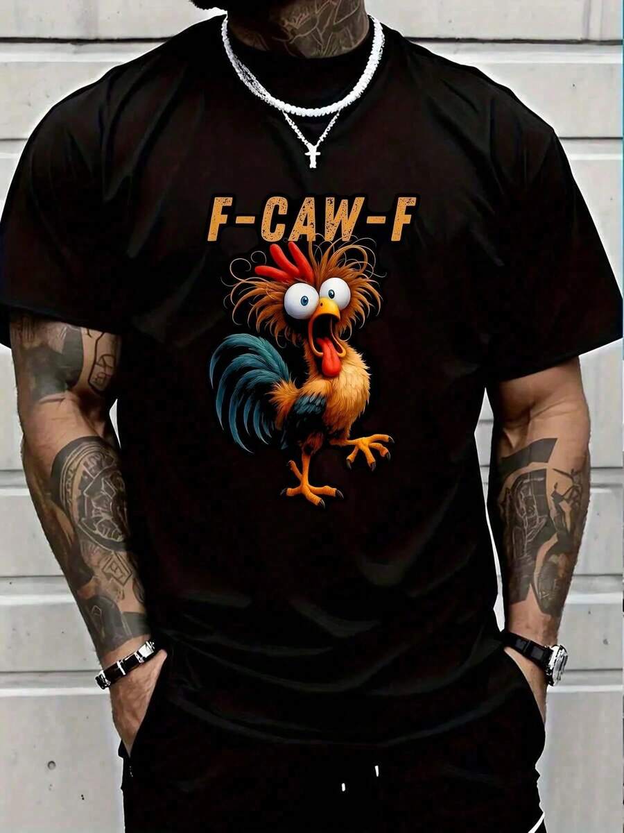 100%  F Caw F Rooster Cartoon Design T-Shirt Round Neck Short Sleeve Streetwear Fashion Breathable Homme Soft Unisex Designer Clothes For Women Casual - Czarne - Zobacz 1