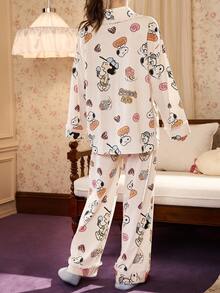 Gongdie 2 Pieces Snoopy Women Pajama Set,Spring Fall Soft Cotton With Lace Trim And Food-Themed Cartoon Print Loungewear - Apricot - View 6