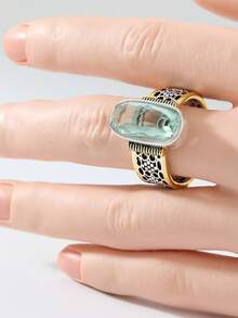 1pc Bohemian Style Dual-Tone Ring With Oval Green Synthetic Cubic Zirconia, Women's Jewelry, Suitable For Wedding, Party And All-Year Wear, Elegant Gift For Her, Wedding Ring | Elegant Jewelry | Textured Band, Wedding Jewelry - Two-color - View 7
