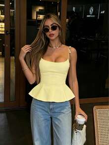 Elegant Women's Spaghetti Strap Tank Top, Spaghetti Strap, Short Design, Flared Hem Casual Summer - Light Yellow - View 1