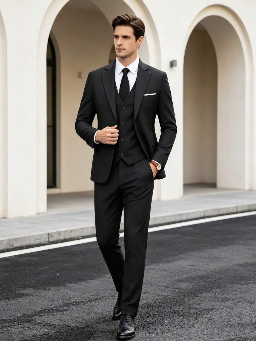 WindsorQuad 男士三件式優雅西裝套裝，純色修身單排扣婚禮西裝外套、背心、長褲附領帶，正式服裝適用於舞會、派對、商務場合