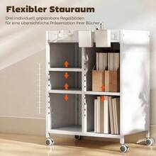 Rolling Bookcase, 4 Tiers, Adjustable Shelves And Hanging Baskets For Office And Living Room, White - 白色 - 查看 5