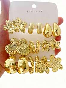 6/18PCS Fashionable Elegant Small C-Hoop Geometric Multi- Gold Metallic Earring Set, Women's Fashion Earring Set, Daily Wear, (Lightweight CCB Material, Non-Fading/No Ear-Pulling Sensation) - Gold - View 11