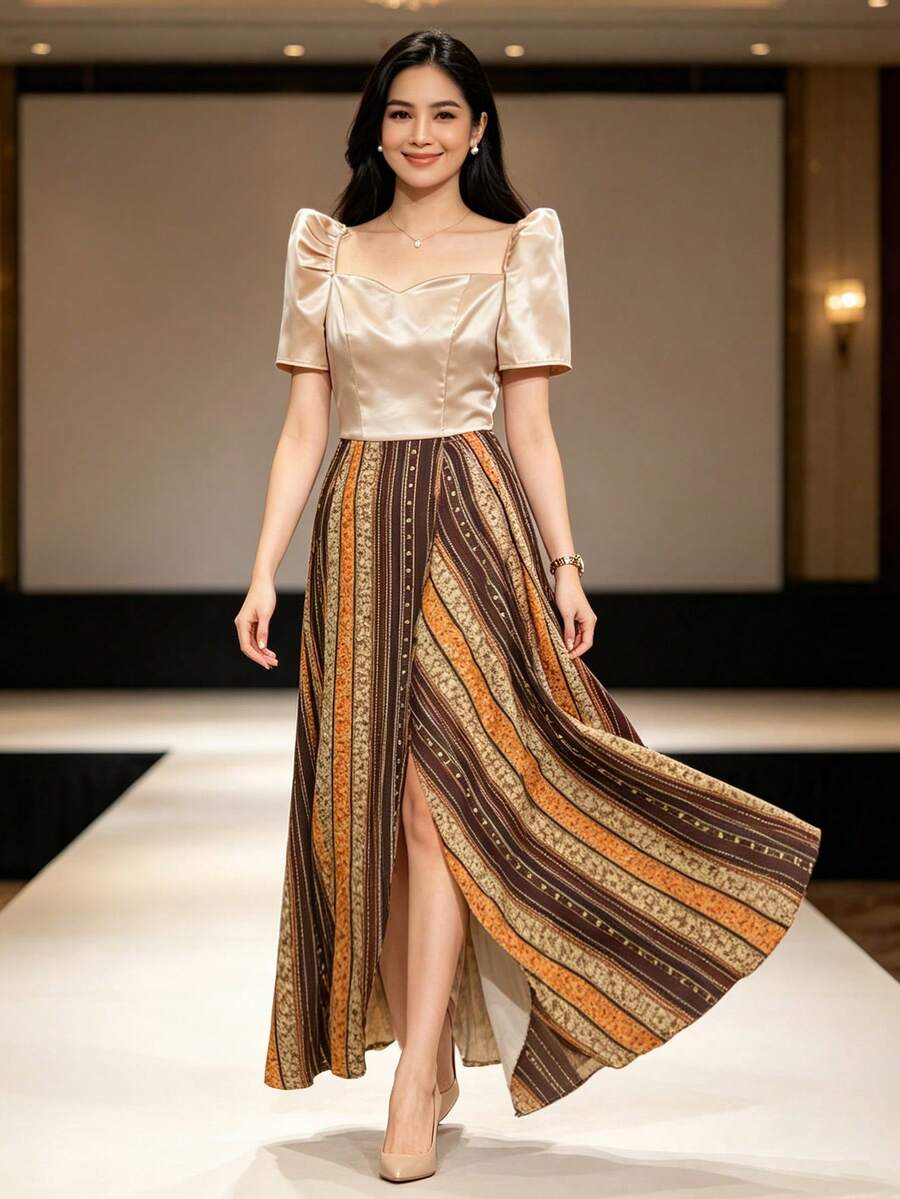 Amyenjoylife 現代菲律賓風情女裝洋裝 1件優雅短袖洋裝 金色現代菲律賓風情洋裝 - 金色 - 查看 1