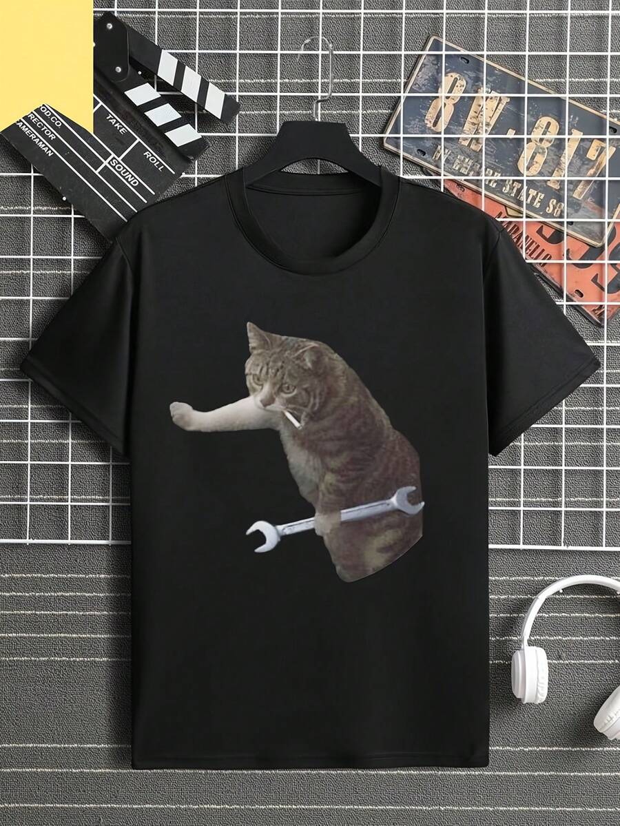Men's Vintage Graphic T-Shirt, Men's Printed Short-Sleeved Summer Top In Pure Cotton - 黑色 - 查看 1