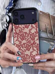 1 pieza Funda de teléfono personalizada de encaje rojo estilo niña compatible con Apple 17 Pro Max, 16 Pro, 13, diseño creativo - Negro - Ver 2