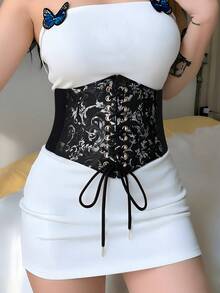 1pc Women's Black Vintage Printed Cross Lace-Up Elastic Waist Cincher Wide Belt, Slimming Waistband For Daily Dresses, Outfits, Parties And Events - Black - View 2