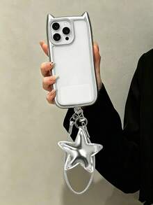 1件韓式DIY可愛貓耳透明不對稱軟手機殼，附星星防丟掛繩，適用於Apple 16/16PRO/16PLUS/16PROMAX/11/11pro/11promax/12/12pro/12promax/13/13pro/13promax/14/14plus/14pro/14promax/15/15plus/15pro/15promax及其他機型，生日與週年紀念獨特禮物，適合女友、朋友或自己，耐用時尚設計，適用於節日 - 彩色 - 查看 3