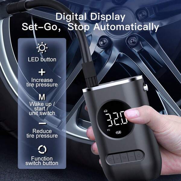 1 bomba de ar automática portátil, com carregamento USB e luz LED, bomba elétrica sem fio, adequada para pneus de automóveis, motocicletas, bicicletas e bolas esportivas, com display digital preciso – feito em material ABS – presente ideal, compacto e leve – prontamente enviado