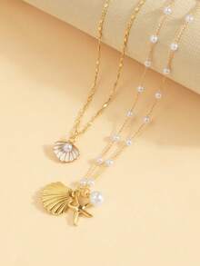 2 Styles Hot-Selling Ocean Pearl Chain Bone Chain Starfish Shell Pendant Multi-Layer Stackable Necklace Jewelry - Seashell Starfish - View 2