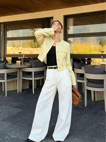 Women's Solid Color Tweed Front Button Pocket Elegant Commuter Jacket Daily - Light Yellow - View 4