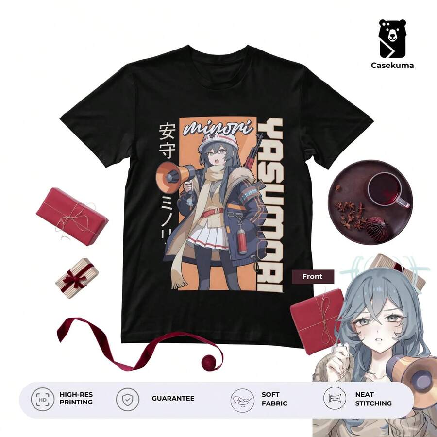 T-Shirt Yasumori Minori Blue Archive Red Winter Labor Party Strike! Grafik-T-Shirt Revolution Aesthetic für Bauarbeiter, Modell Pudding - Schwarz - Übersicht 1