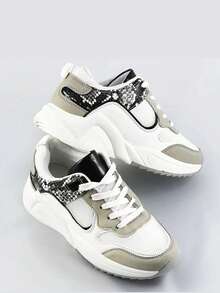 Sports Shoes, Lace-Up, Mesh + Imitation Leather, Snake Skin Imitations. - White - View 4