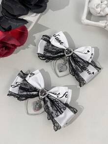 2pcs/Set Women's Lace Letter Ribbon Dark Color Gothic Style Heart & Cross Hair Clips, Suitable For Holiday Dress-Up And Daily Wear For Gothic Lovers - Multicolor - View 6
