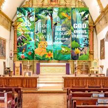 4 pièces Bannière murale thème jungle vert naturel VBS, toile de fond en tissu imprimé animaux sauvages & plantes, drapeau suspendu, fournitures de fête, décoration murale intérieure de la pièce, décoration de fond de lieu extérieur, décoration de toile de fond d'atmosphère murale thème jungle pour événement - A - Voir 5