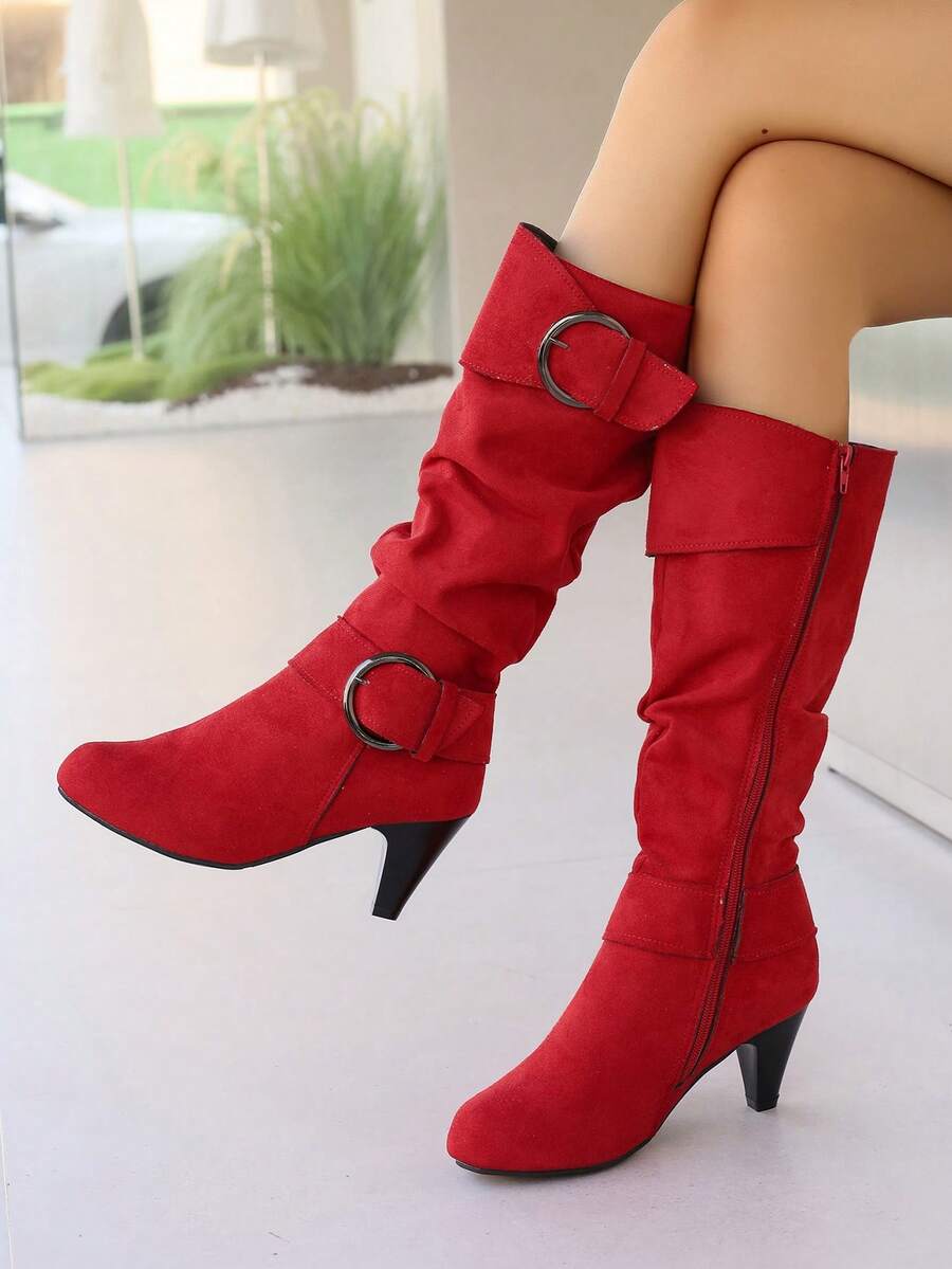 Herbst/Winter Neue europäische & amerikanische Stil Kniehohe Stiefel, Wildleder dünner hoher Absatz, Große Größen, Gürtelschnalle Wadenstiefel - Rot - Übersicht 1