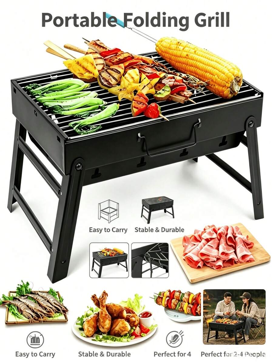 1pc Portable Foldable Charcoal Grill, With Pull-Out Ash Tray, Thickened Rust-Proof Grilling Rack, Lightweight Compact Grill, Suitable For Camping, Picnic, Beach, Backyard, Multi-Functional Outdoor Cooking Rack, Can Grill Meat, Seafood, Vegetables