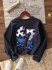 Tween Boy Casual Fun Graphic Print Crew Neck Pullover Long Sleeve T-Shirt, Autumn/Winter Top - Navy Blue - View 4