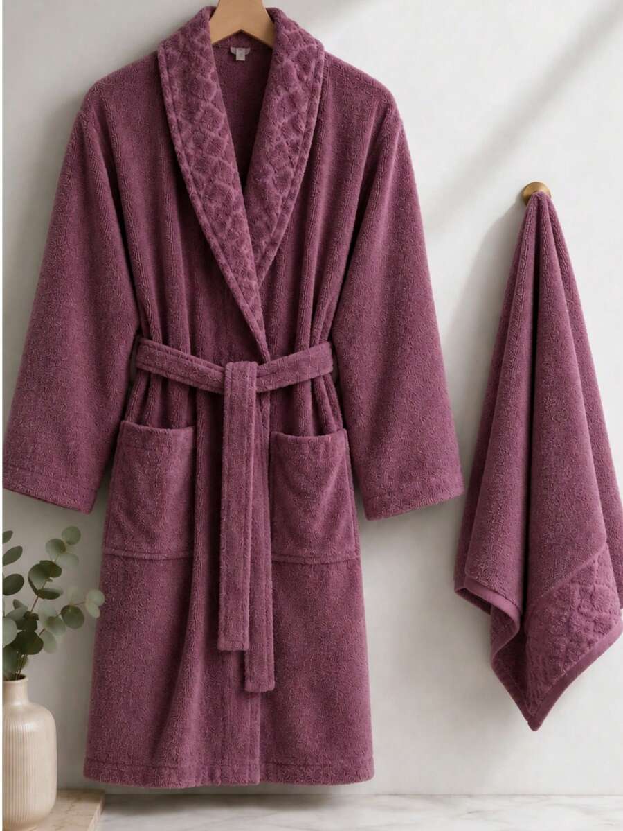 Diamond Pattern Jacquard Shawl Collar Bathrobe - S/M - L/XL - Made In Turkey - Burgundy - View 1
