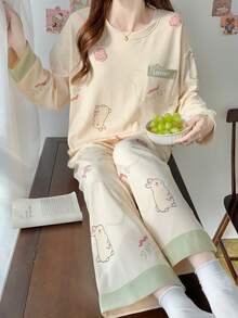 2pcs/Set Women's Pajamas Homewear Set, Round Neck Pullover Simple Casual Cute Rabbit Print Long Sleeve Long Pants, All Season Wear, Easy Care Fabric - Apricot - View 5
