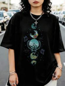 Velaris City Of Starlight ACOTAR Mountain Moon Floral Double Sided Dark Graphic Tee - 黑色 - 查看 1