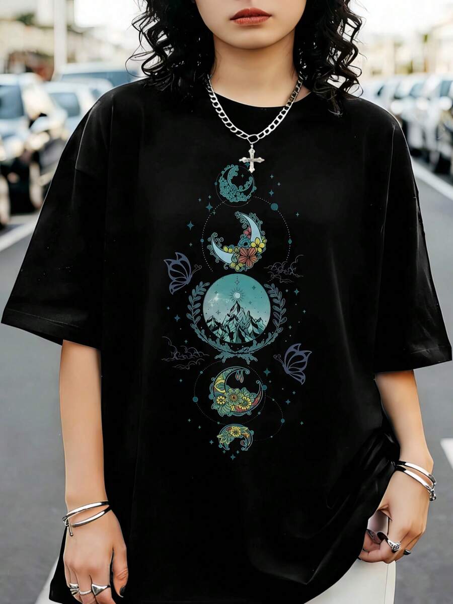 Velaris City Of Starlight ACOTAR Mountain Moon Floral Double Sided Dark Graphic Tee - 黑色 - 查看 1
