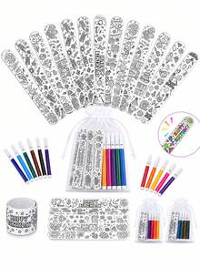 27/9pcs Birthday DIY Coloring Handprint Bracelet Set, Fun Birthday Party Favors, Handmade Activity Gifts And Gift Bag Fillers - Slap Ring + Pen + Mesh Bag - View 1
