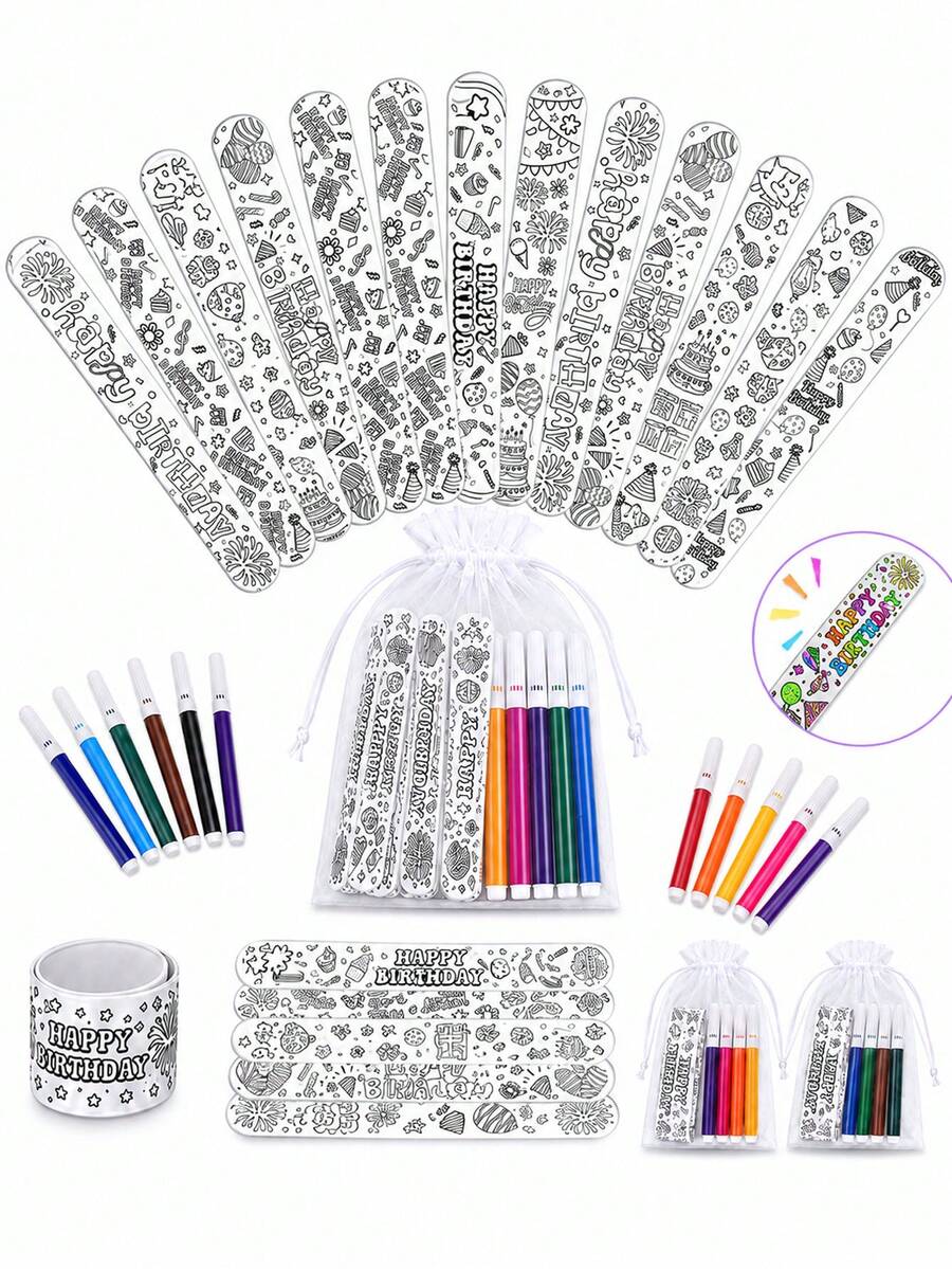 27/9pcs Birthday DIY Coloring Handprint Bracelet Set, Fun Birthday Party Favors, Handmade Activity Gifts And Gift Bag Fillers - Slap Ring + Pen + Mesh Bag - View 1